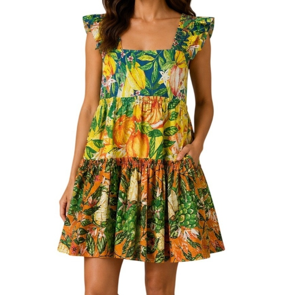 Farm Rio Multi Color Mixed Fruit Floral Tiered Mini Dress Women's Small